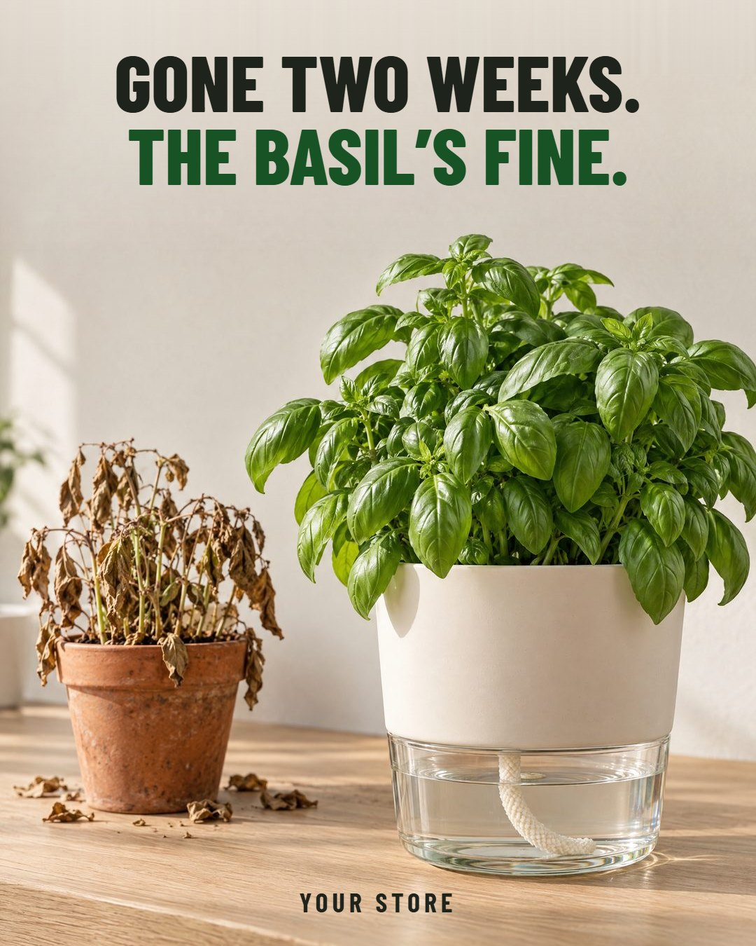 Preview ad for Your store: the headline “Gone two weeks. The basil’s fine.” over the sample scene, a picture made with AI of a lush basil plant in a self-watering pot next to a dead one in a clay pot.